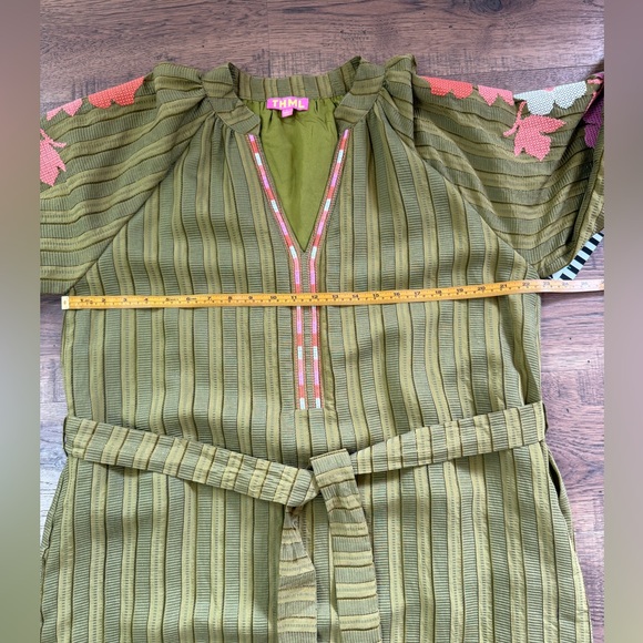 THML Olive Green Embroidered Striped Floral Maxi Dress L Ballon Sleeve. - Picture 6 of 15